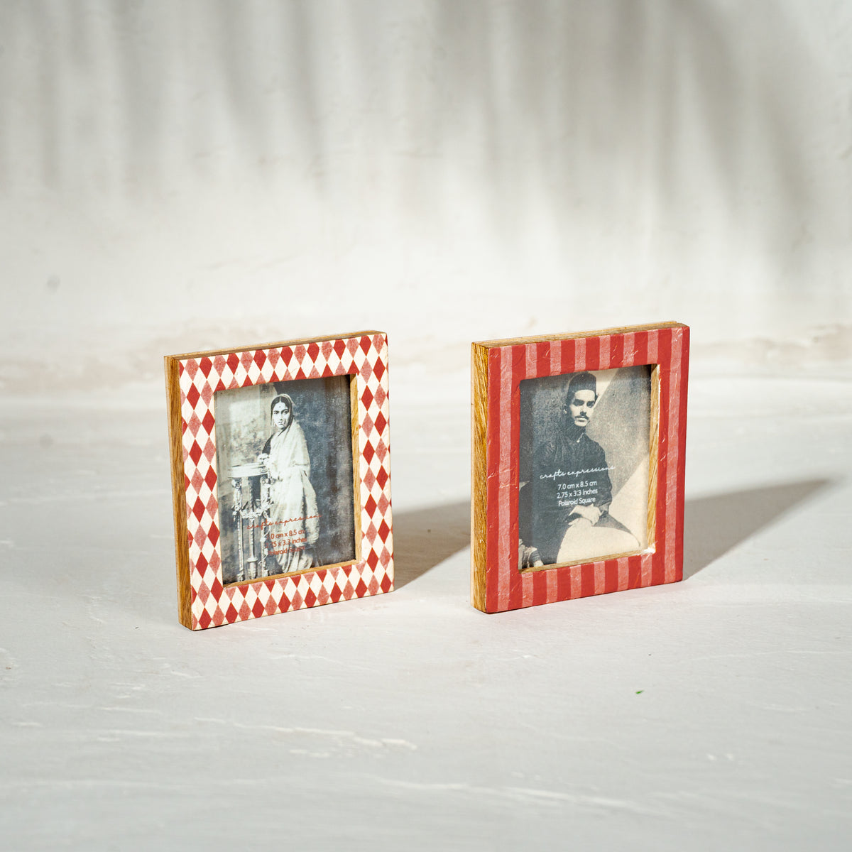 Ruby red wooden Instax Square photo frame with striped and diamond pattern