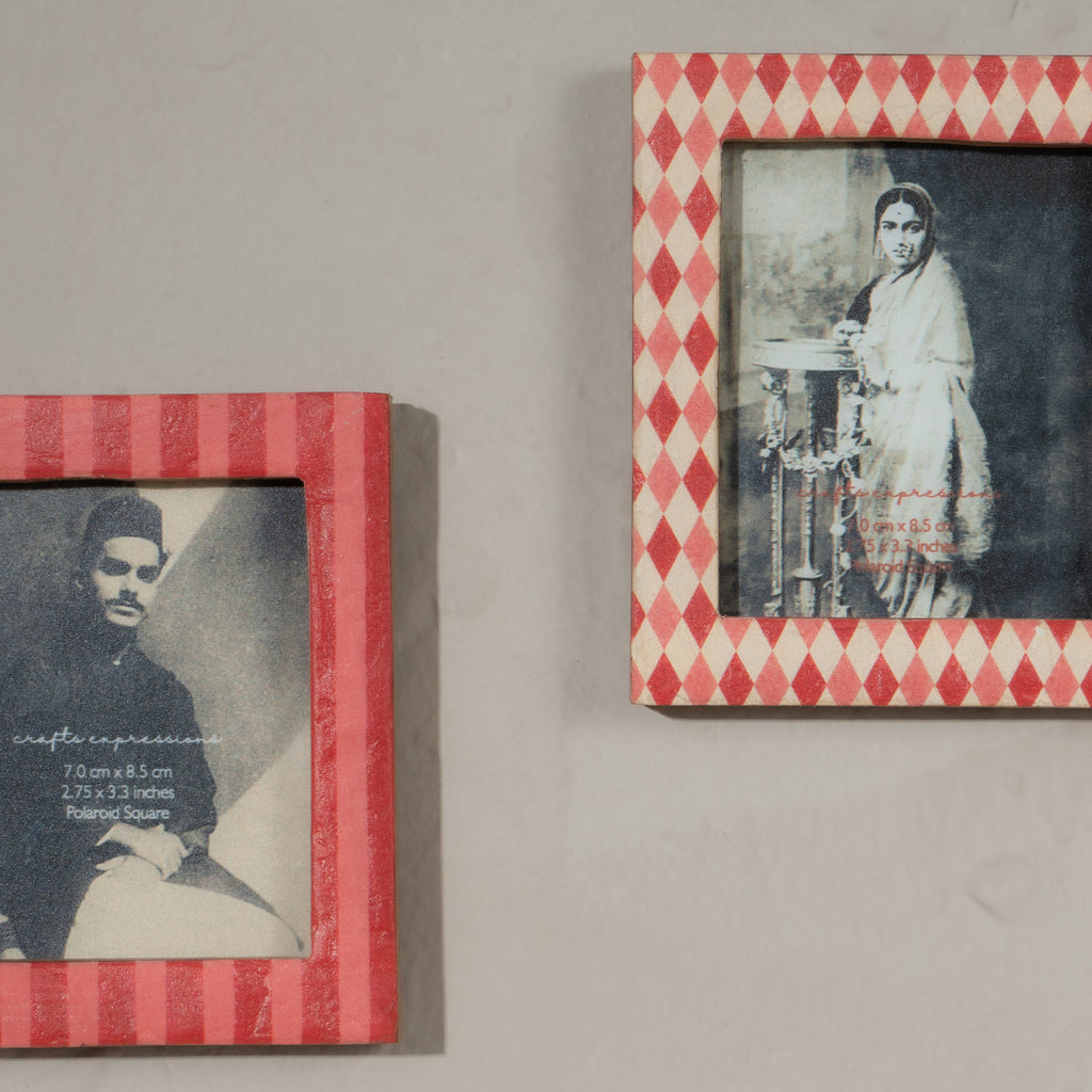 Ruby red wooden Instax Square photo frame with striped and diamond pattern