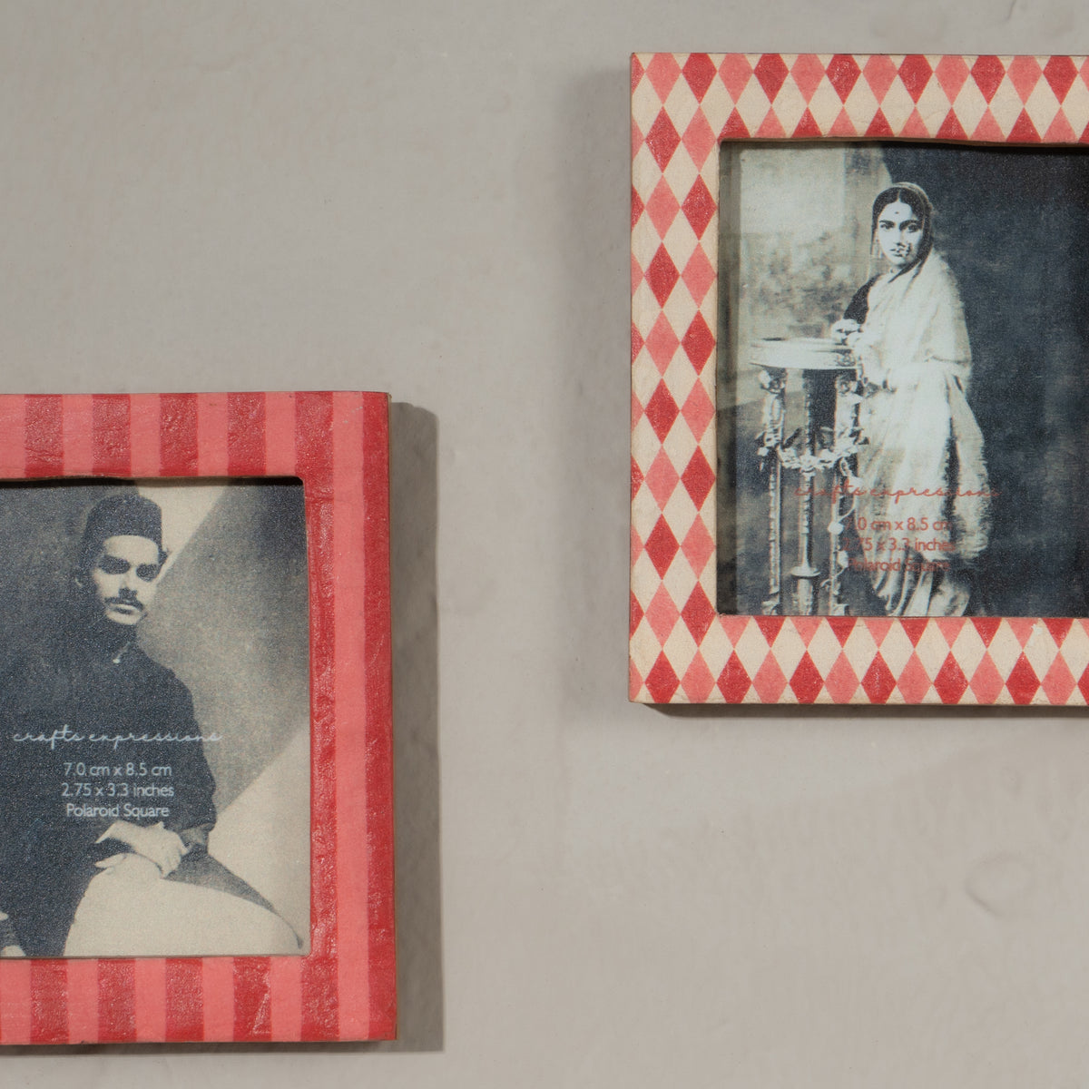 Ruby red wooden Instax Square photo frame with striped and diamond pattern