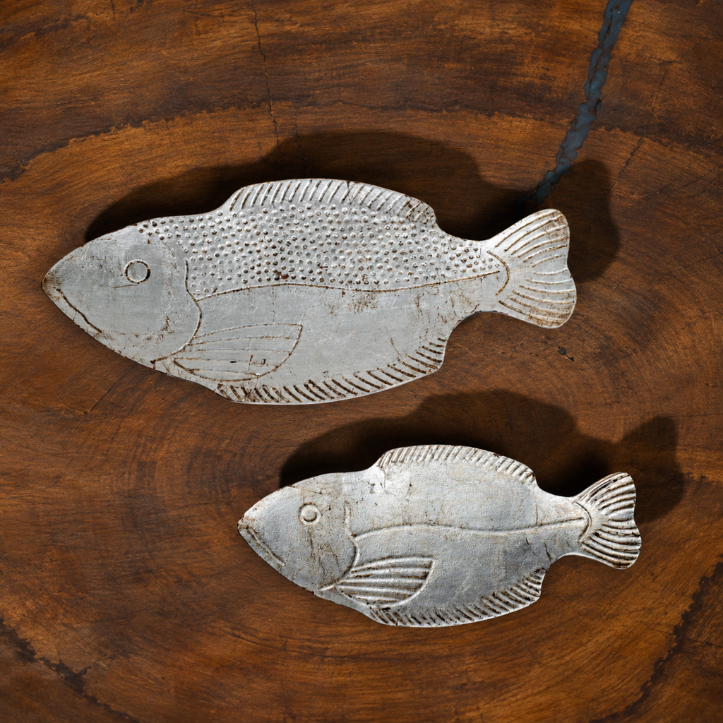 Top view of the two Matsya fish-shaped wooden serving platters