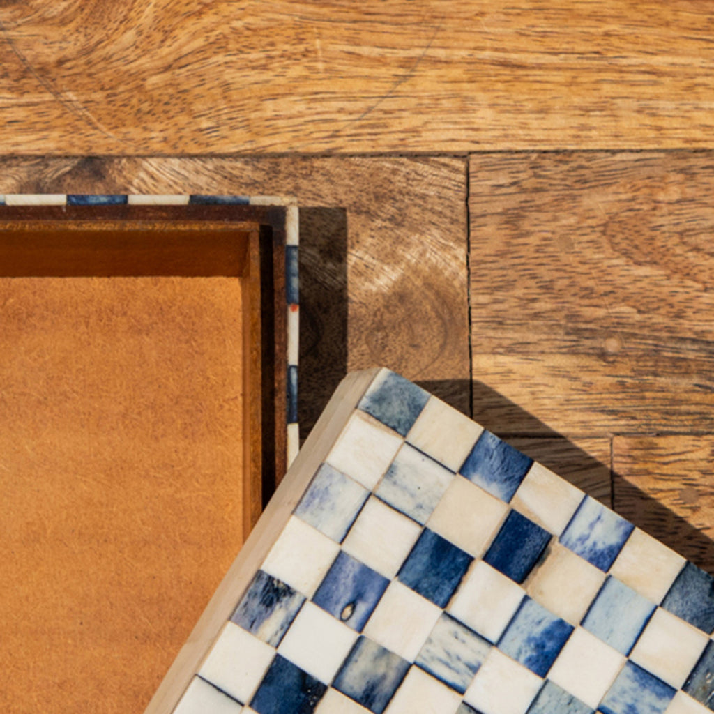 Close-up of the open Checker wooden storage box and lid