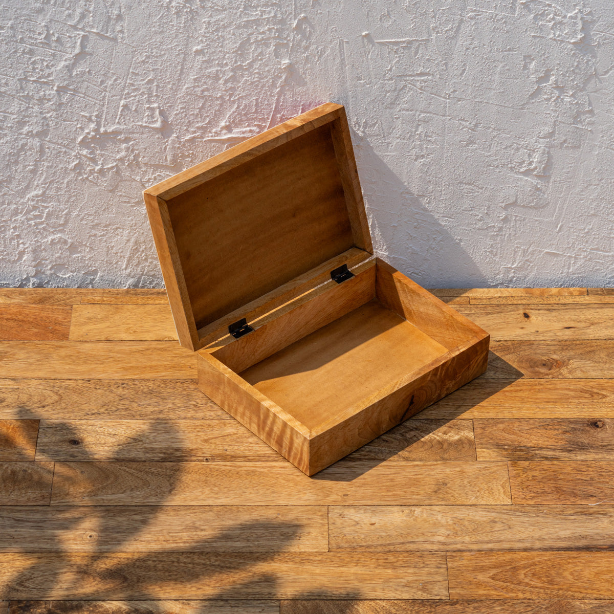Angled view of the open Pride wooden storage box