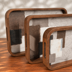 Three Mehfil wooden serving trays displayed upright by size