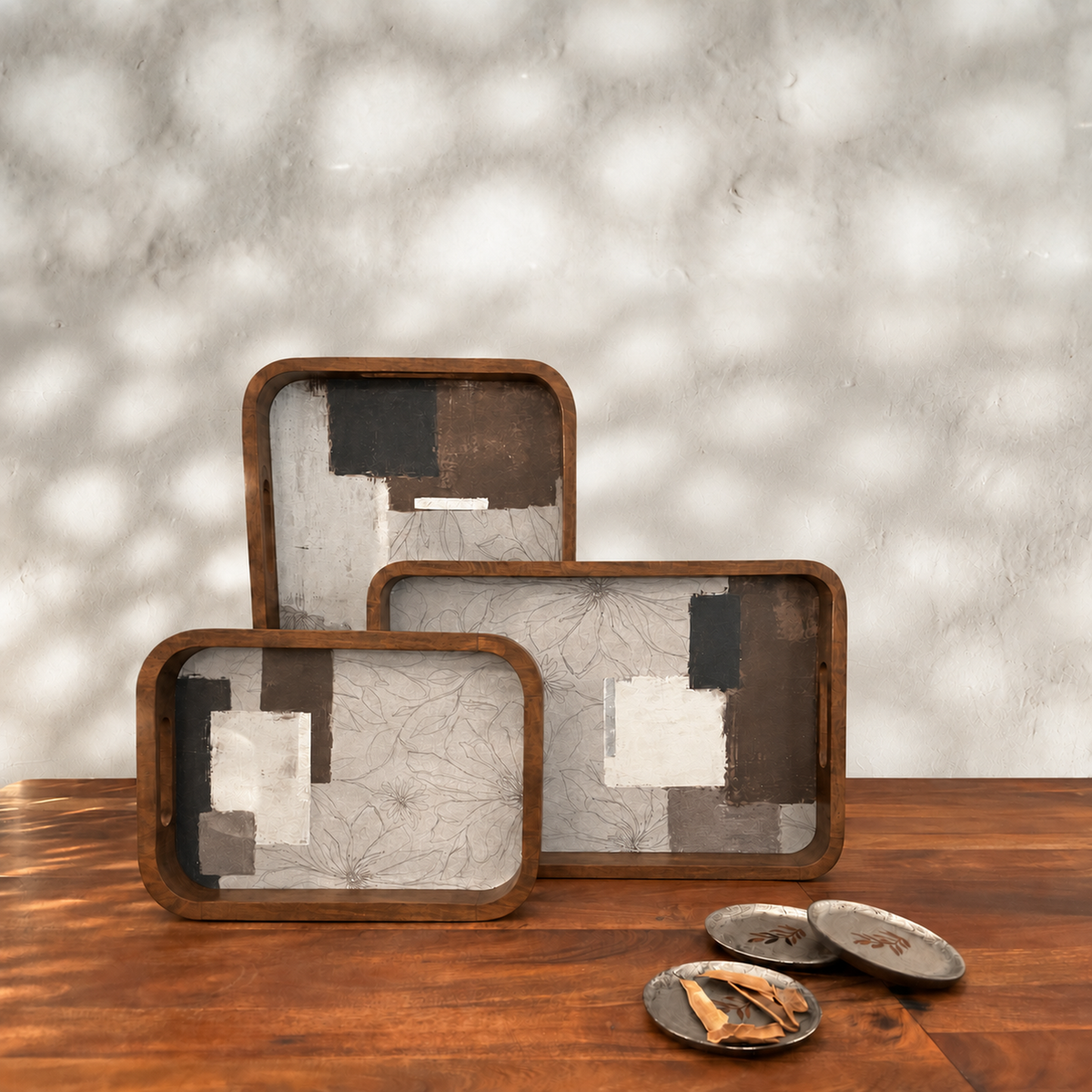 Mehfil Wooden Serving Trays, Natural Wood & White, Set of 3