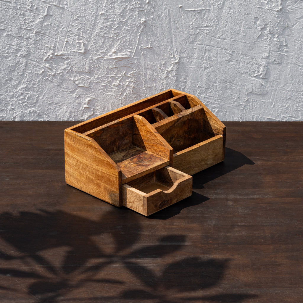 Angled view of the Ultimate wooden organizer with drawer open