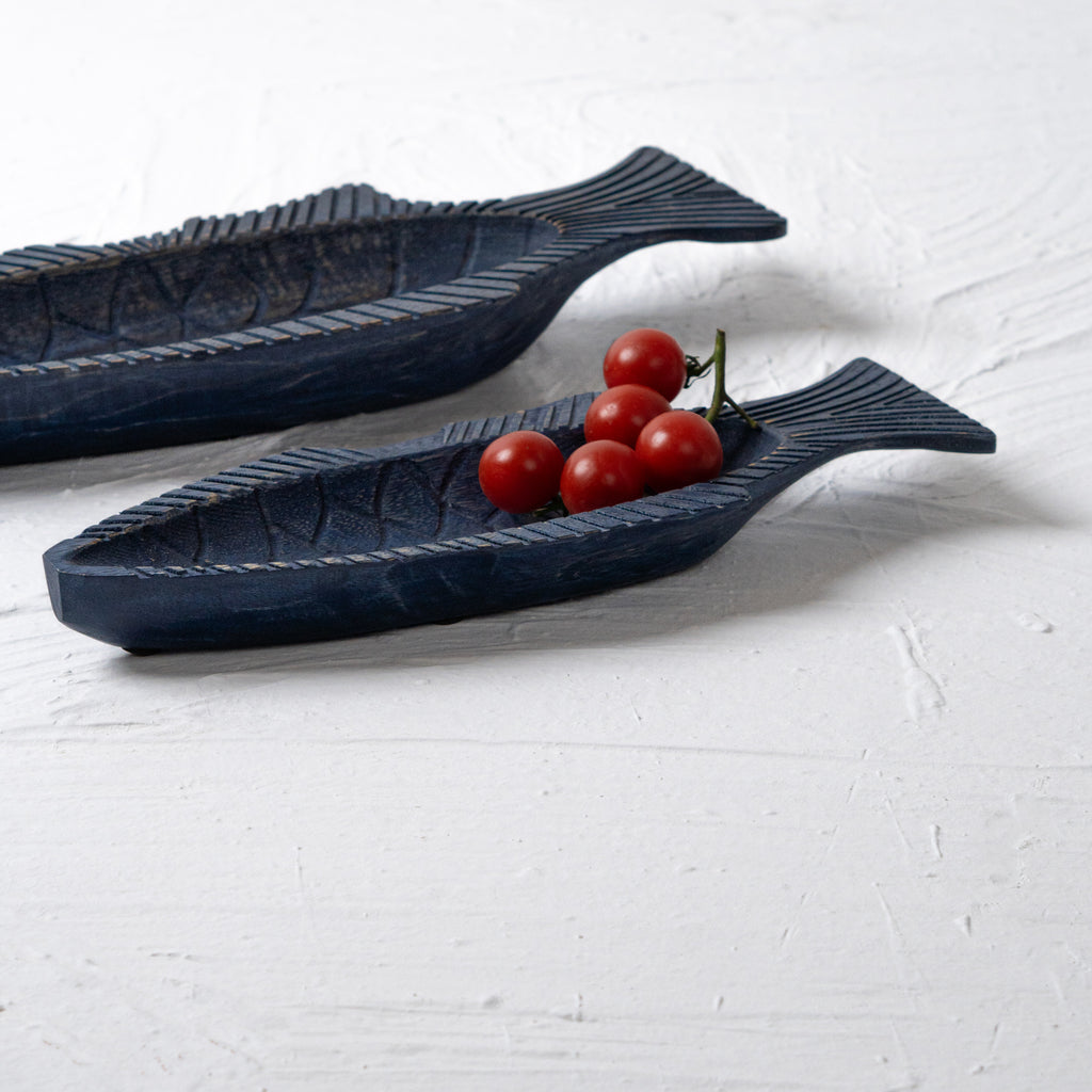 Fish and Chips wooden platter set displayed with red tomatoes