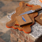 Marine wooden trivet holding a serving dish outdoors