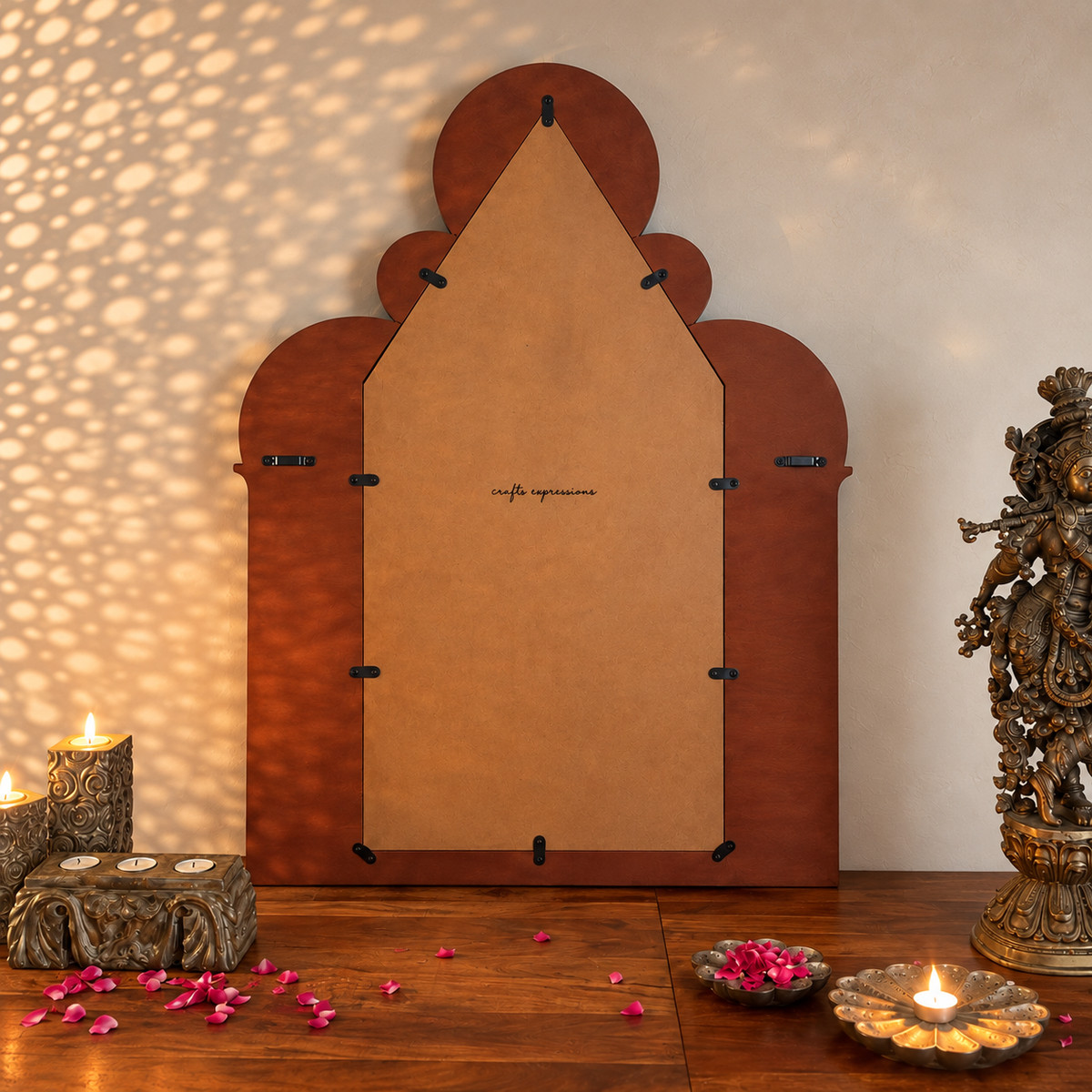 Back view of the Nuri decorative wooden wall mirror with mounting fittings