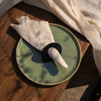 Orbit horn napkin ring styled with a folded napkin on a table
