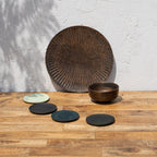 Siesta hamper wooden platter, bowl and coasters displayed together