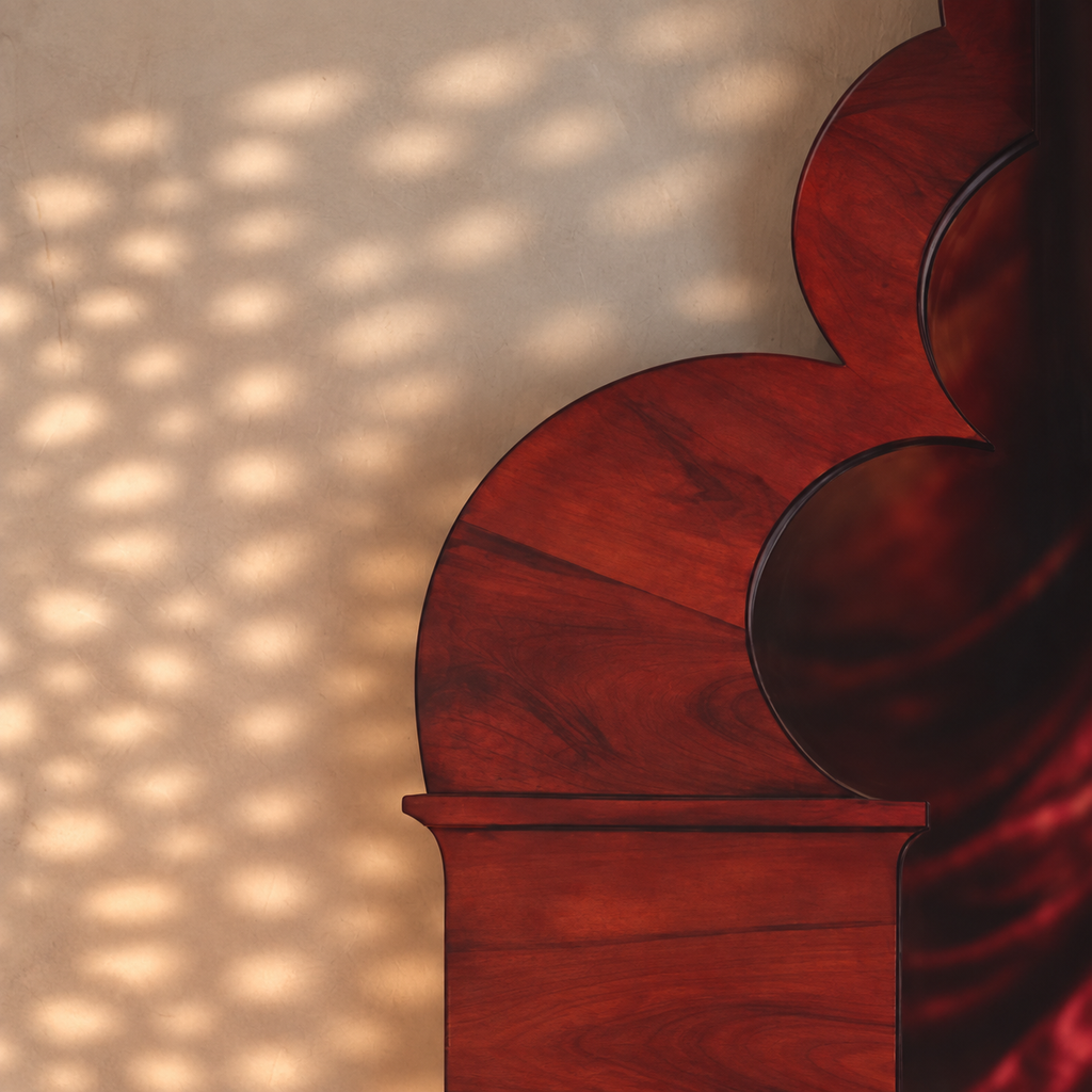 Close-up of the curved wooden frame of the Nuri wall mirror